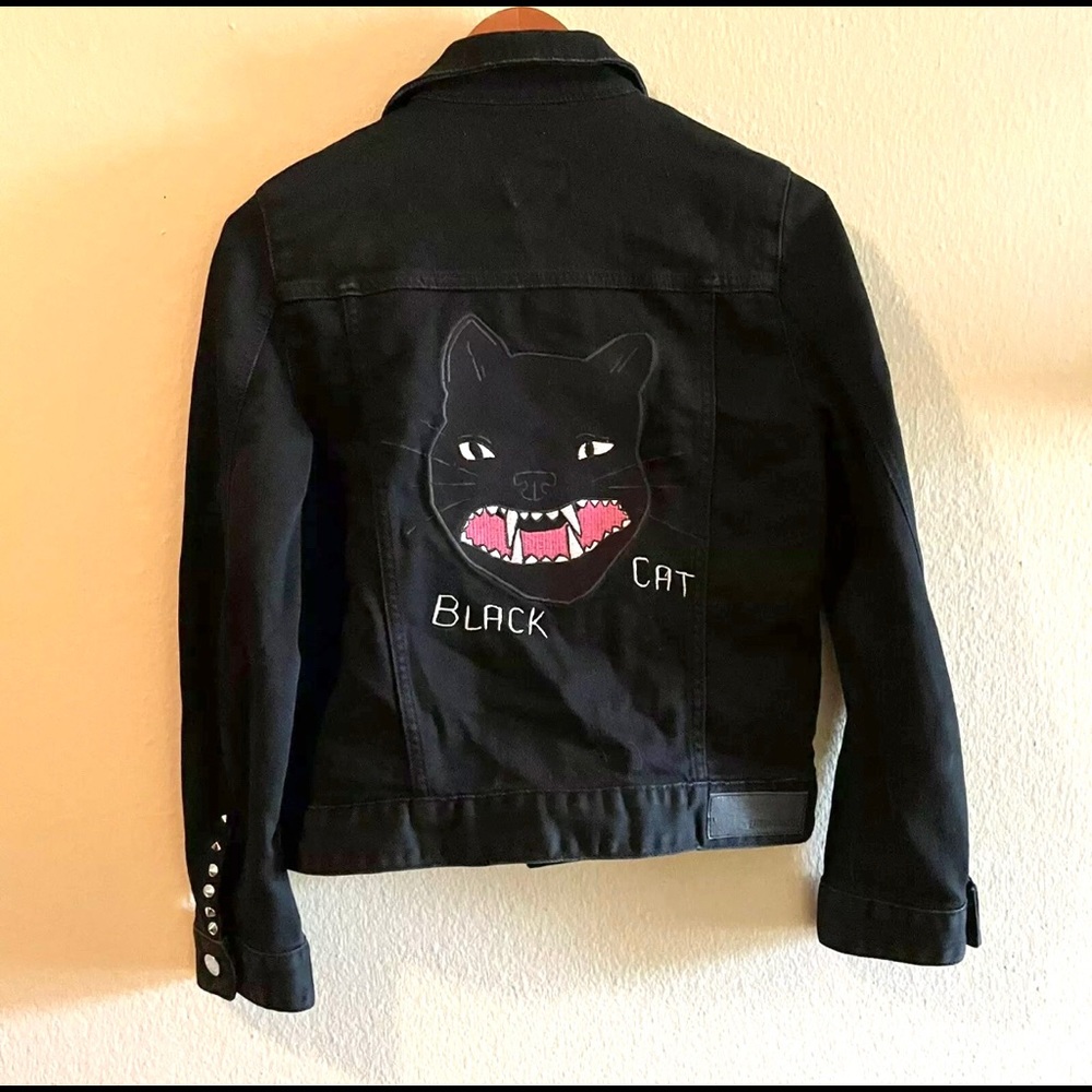 Zadig & Voltaire Denim Jacket Womens Size XS Black Studded Zipper Cat Biker